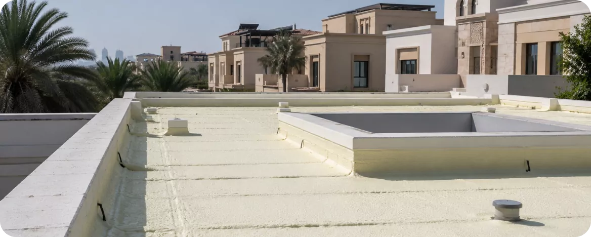 Villa roof prepared for spray polyurethane foam insulation