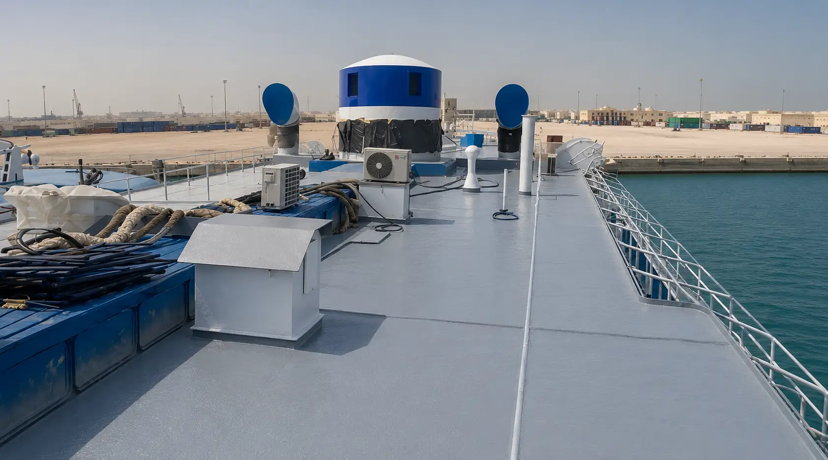 Polyurea membrane sprayed across a vessel deck