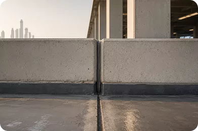 Expansion joint between two concrete parapet sections
