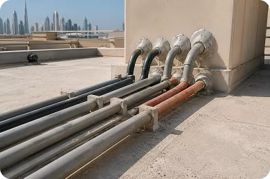 Service pipes penetrating a rooftop wall