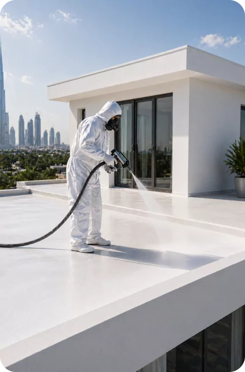 Operator spraying a protective coating on a villa roof