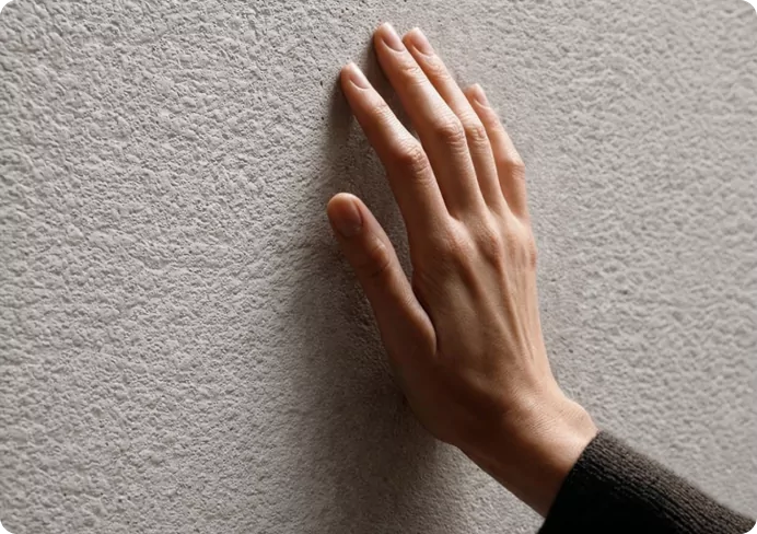 Hand touching a sprayed polyurethane foam surface