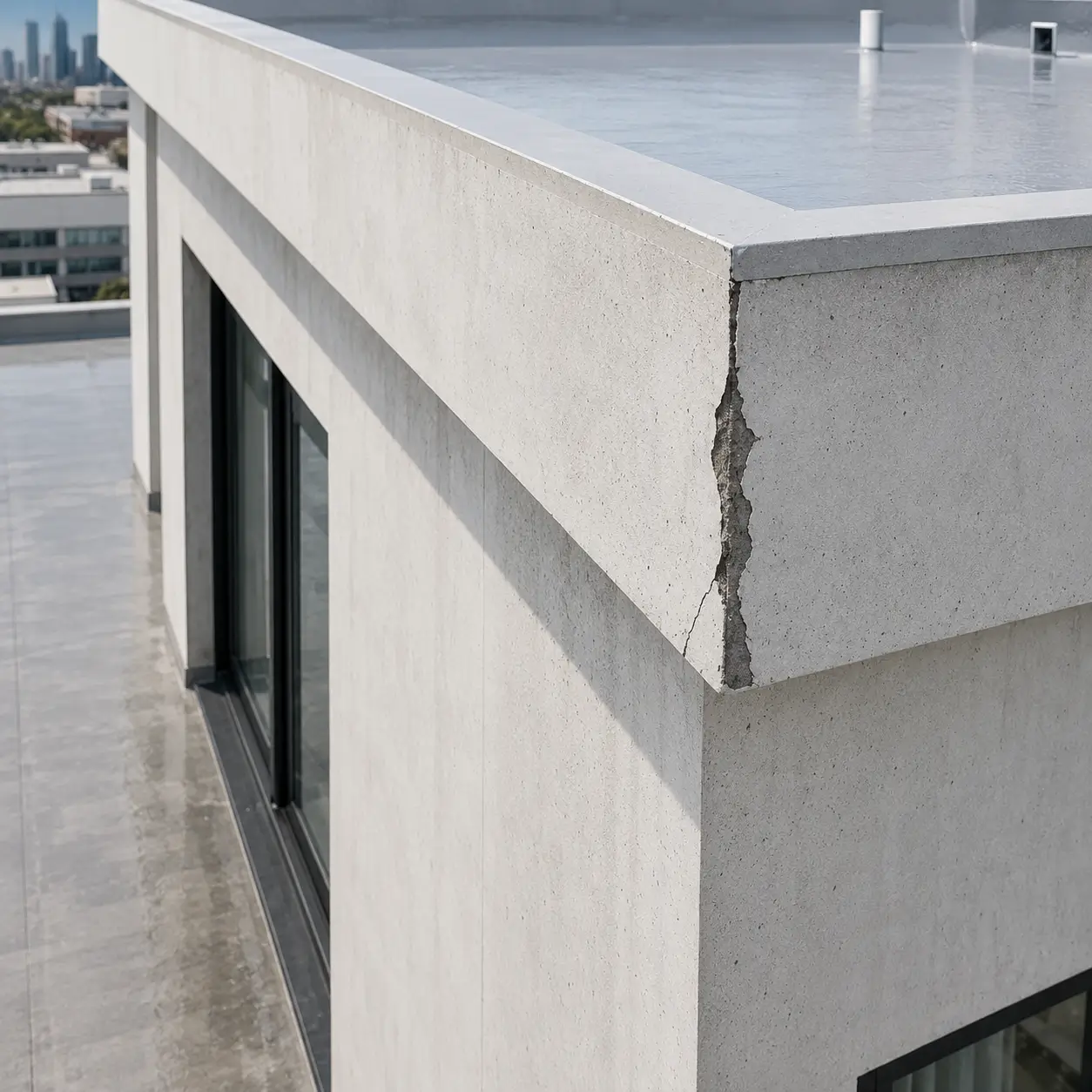 Cracked and stained concrete parapet on a weathered building